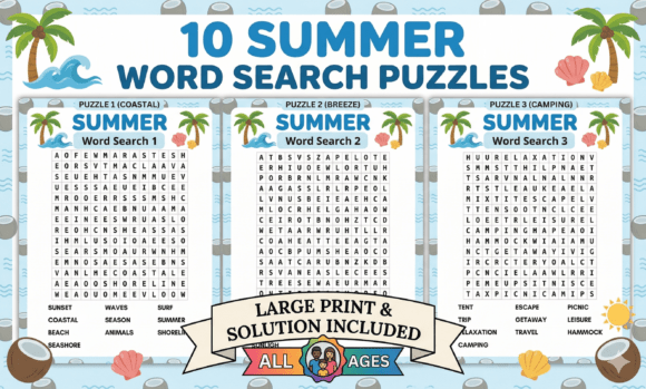 10 Summer Word Search Puzzles for All Ages: Printable PDF and PNG for Sunny Fun ☀️